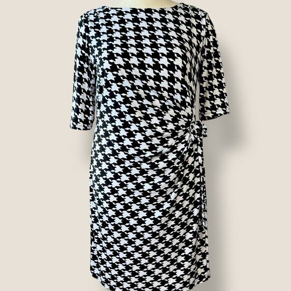 Kiara Houndstooth Half Sleeve Ruched Stretchy Sheath Dress Size L Black & White - Picture 1 of 13